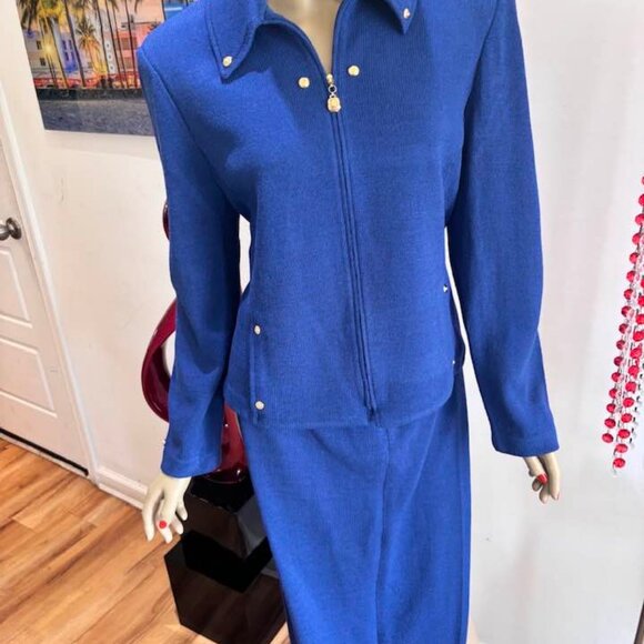 St John royal blue set pant suit 12 Large sapphire jacket embellished - Picture 1 of 5